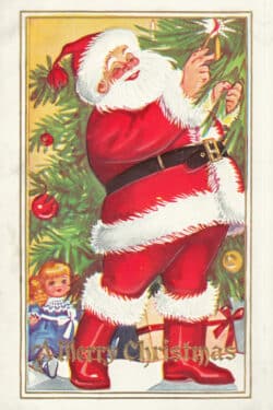 Vintage Postcard of Santa placing candle on tree