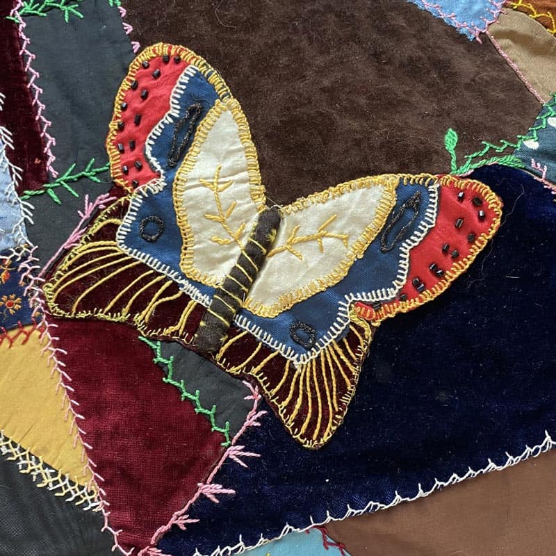 Beaded Butterfly on Crazy Quilt