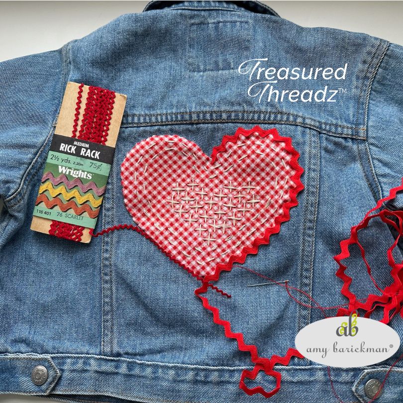 Red Heart Medium Size on Jean Jacket with Rick Rack