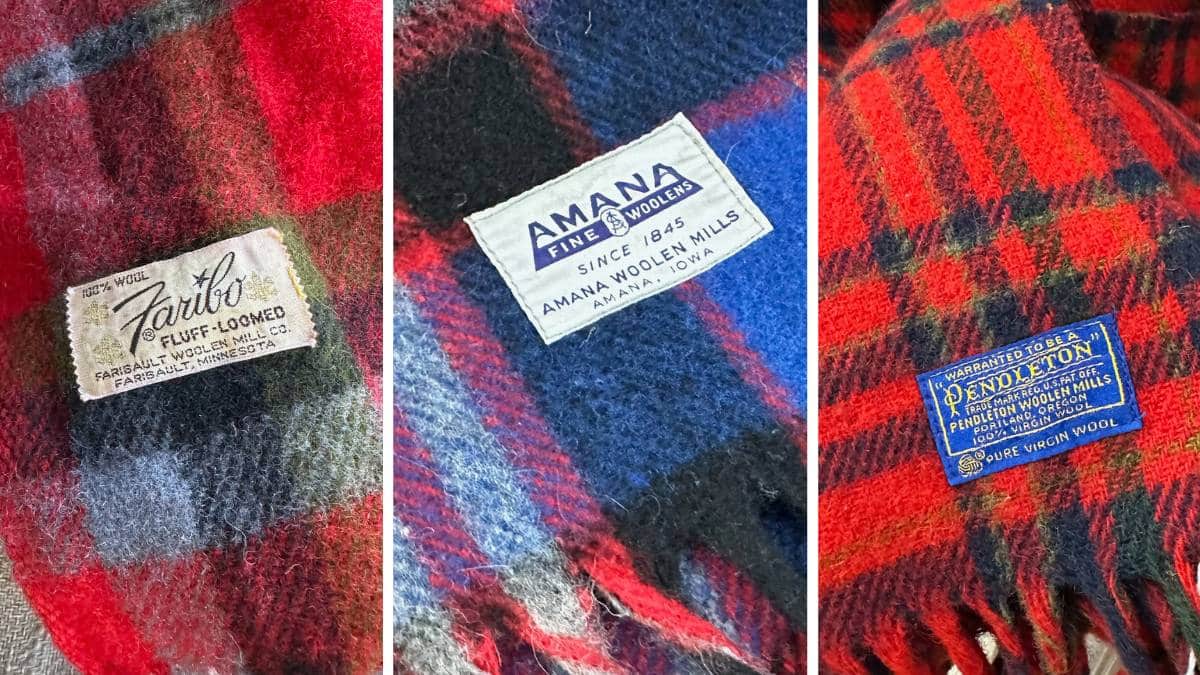 Photo of vintage labels on wool blankets Faribo, Amana, Pendleton