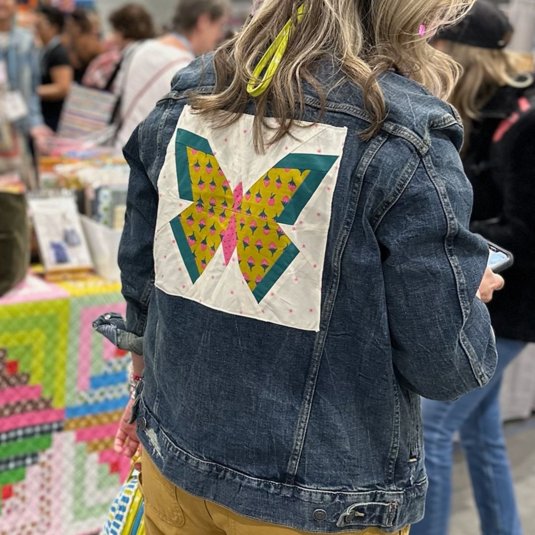 Jean Jacket with patchwork butterfly by Shannon Lookenott of Butterfly Threads Studio