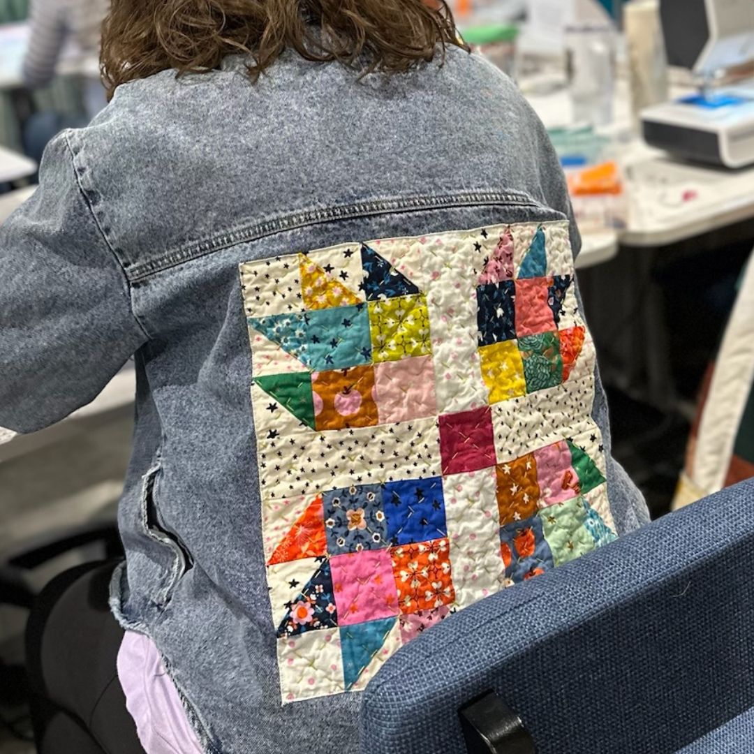 Back view of Jean Jacket with colorful quilt block<br />

