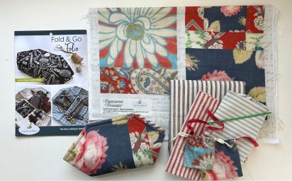 Fold & Go Folio in Treasured Threadz Roses and Daisies Fabric Panel and Vintage Ticking