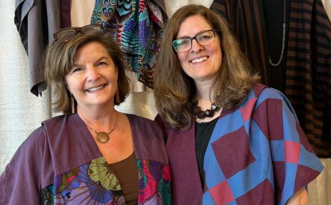 Brandy Maslowski Quilter on Fire with Amy Barickman wearing the AnyTime Topper in Kaffe Fasset fabric