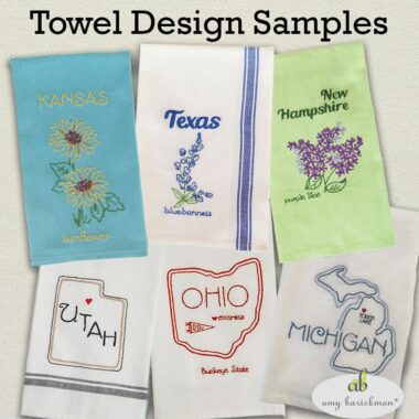 Six State Towel Designs Land That I Love Book. Embroidery includes state flowers : Kansas, Texas and New Hampshire also pictured Utah, Ohio and Michigan