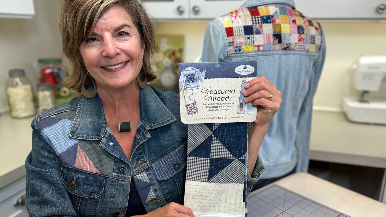 Amy Barickman with Treasured Threadz™ Missouri Star Blue Fabric Panel