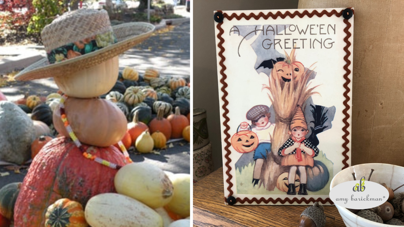 Fall pumpkins and vintage art display with ric rac