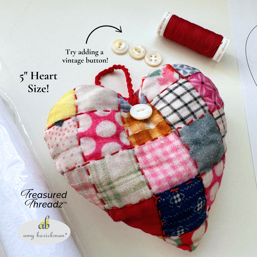 DIY Fabric heart ornament made with Treasured Threadz fabric