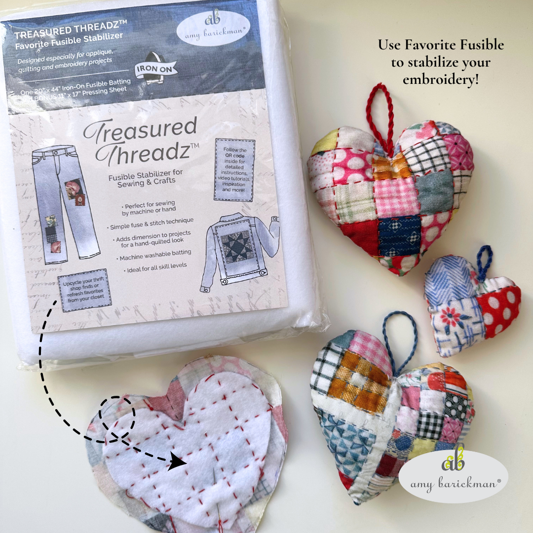 DIY Fabric heart ornament made with Treasured Threadz fabric