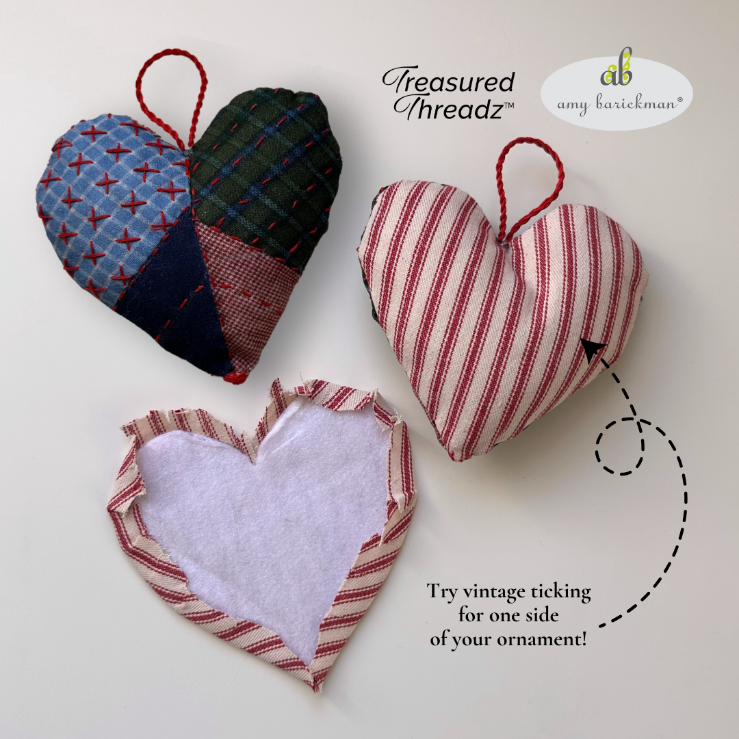 DIY Fabric heart ornament made with Treasured Threadz fabric